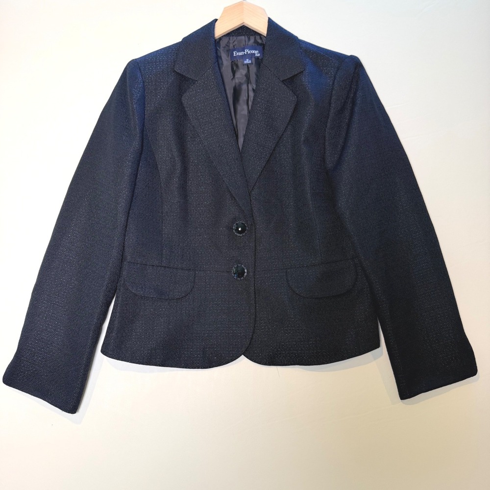 Evan-Picone Suit Black Shimmer Blazer Rhinestone Button Peplum Size 12
